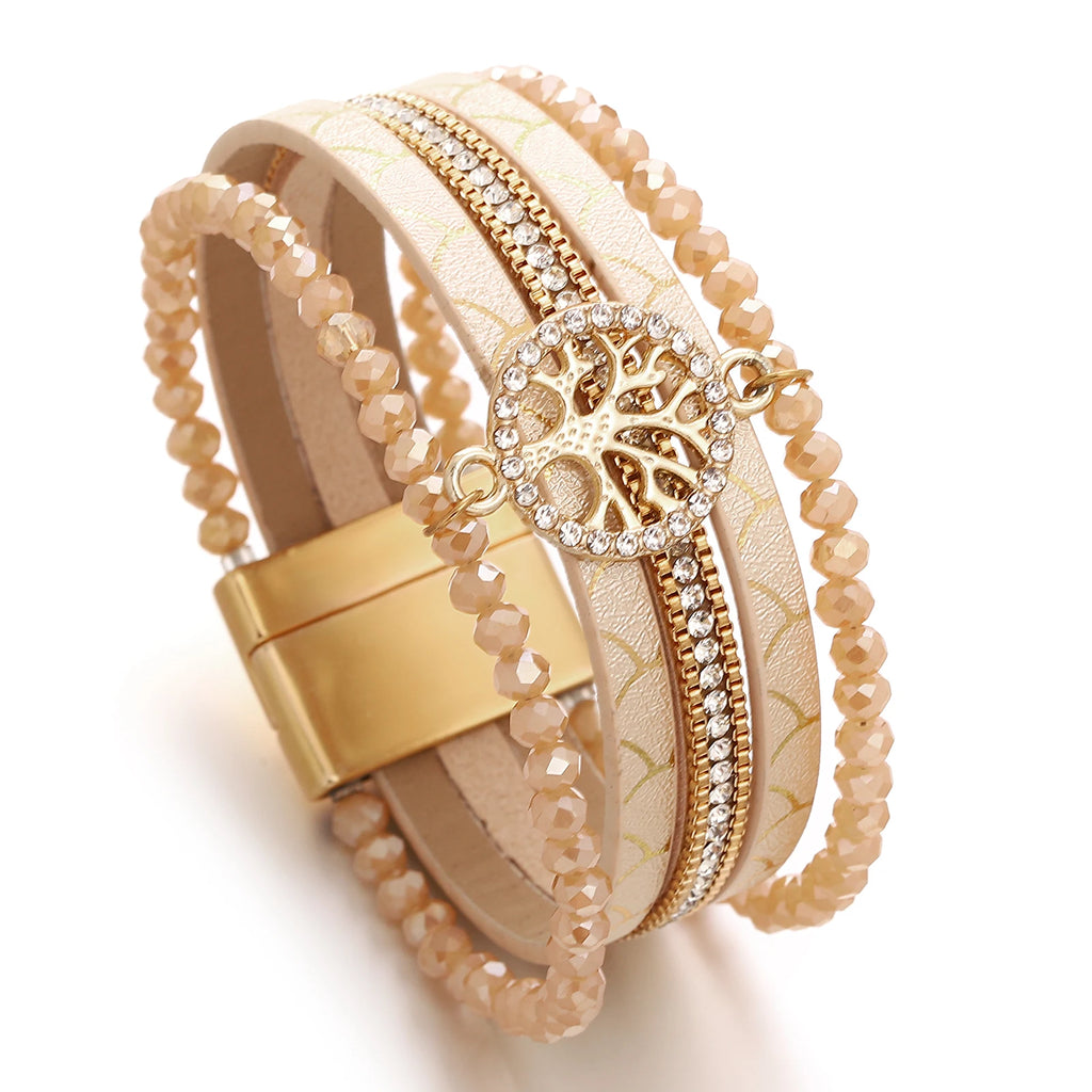Pulsera boho multicapa árbol de la vida beige
