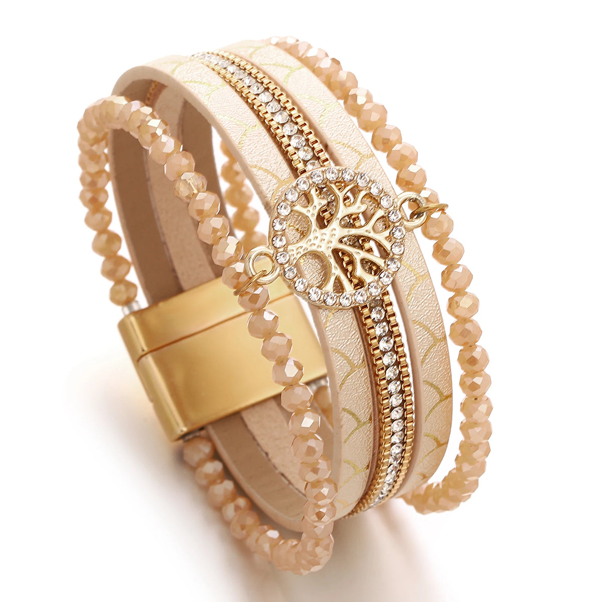 Pulsera boho multicapa árbol de la vida beige