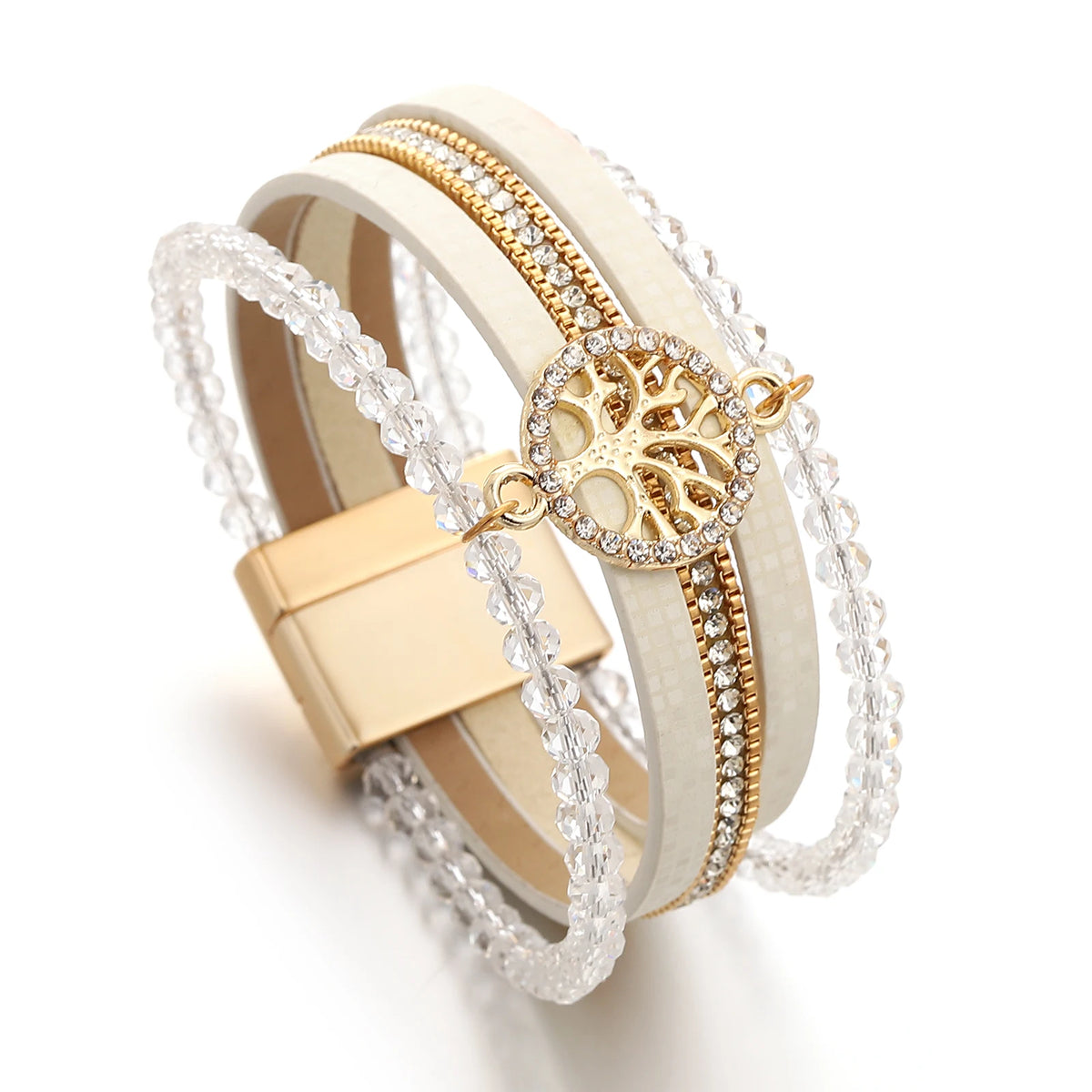 Pulsera boho multicapa árbol de la vida blanco