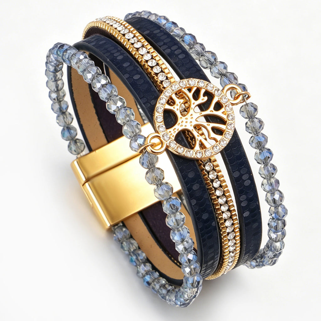 Pulsera boho multicapa árbol de la vida azul oscuro