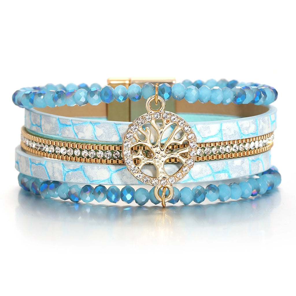 Pulsera boho multicapa árbol de la vida azul turquesa