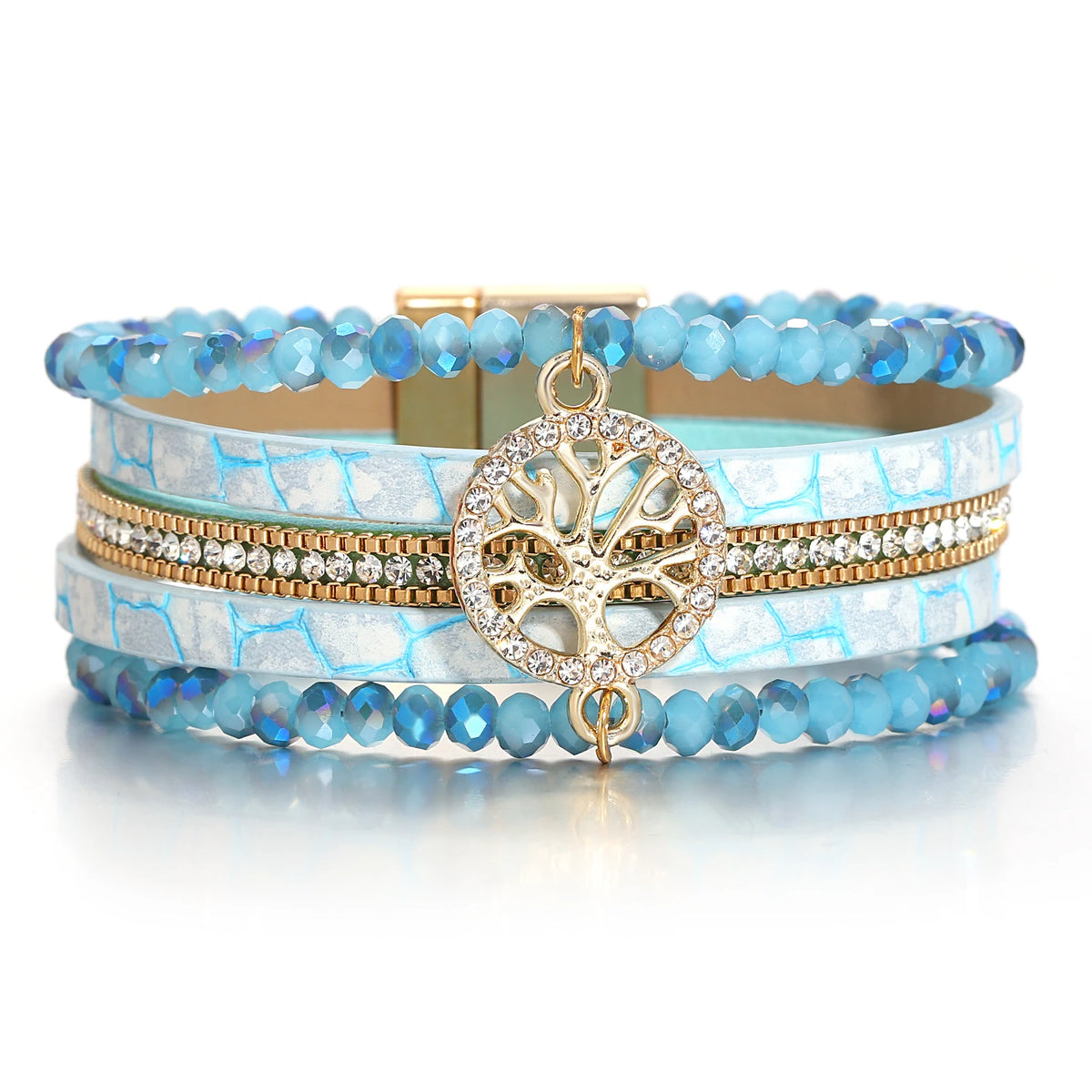 Pulsera boho multicapa árbol de la vida azul turquesa