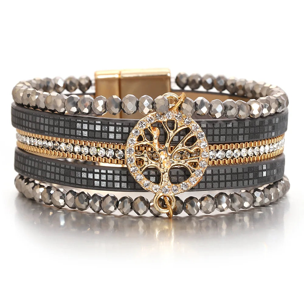 Pulsera boho multicapa árbol de la vida gris oscuro