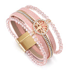 Pulsera boho multicapa árbol de la vida rosa