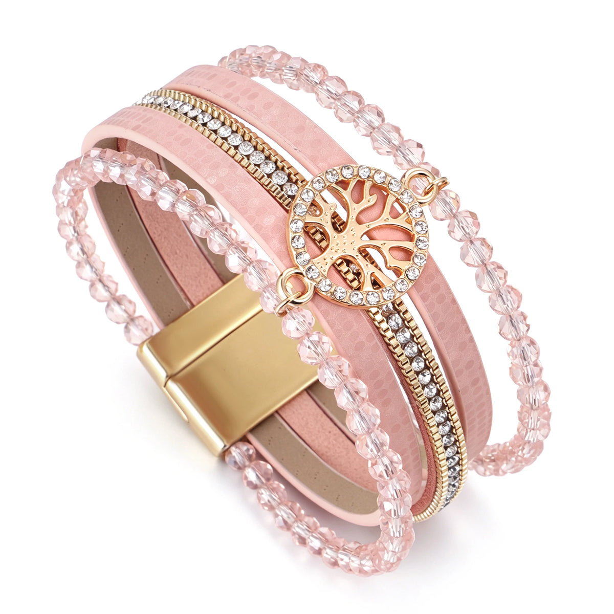 Pulsera boho multicapa árbol de la vida rosa