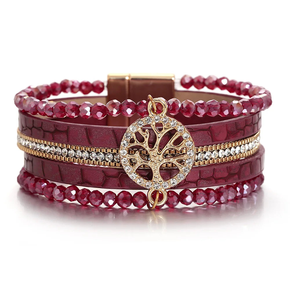Pulsera boho multicapa árbol de la vida rojo