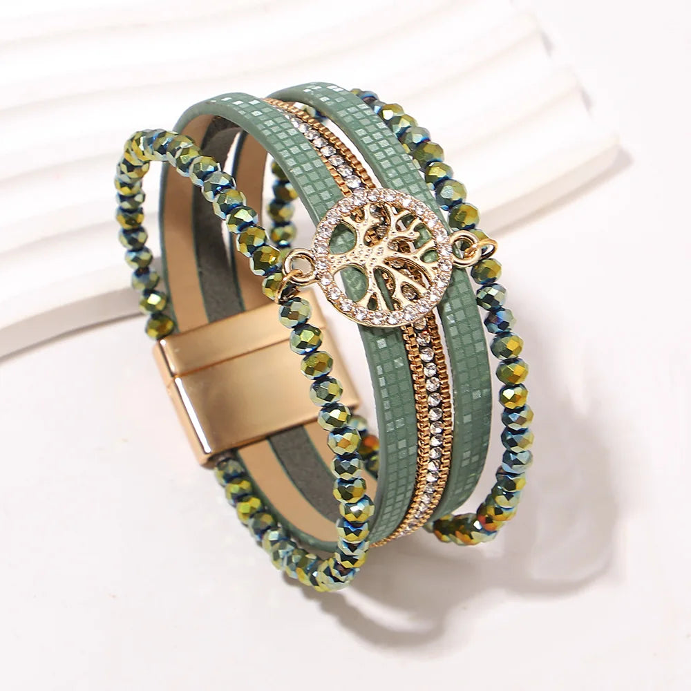 Pulsera boho multicapa árbol de la vida verde