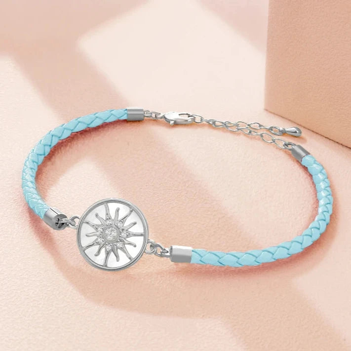 Pulsera Brújula de Cuero Rosa de los Vientos azul cielo plata