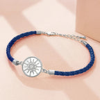 Pulsera Brújula de Cuero Rosa de los Vientos azul noche plata