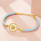 Pulsera Brújula de Cuero Rosa de los Vientos azul cielo oro
