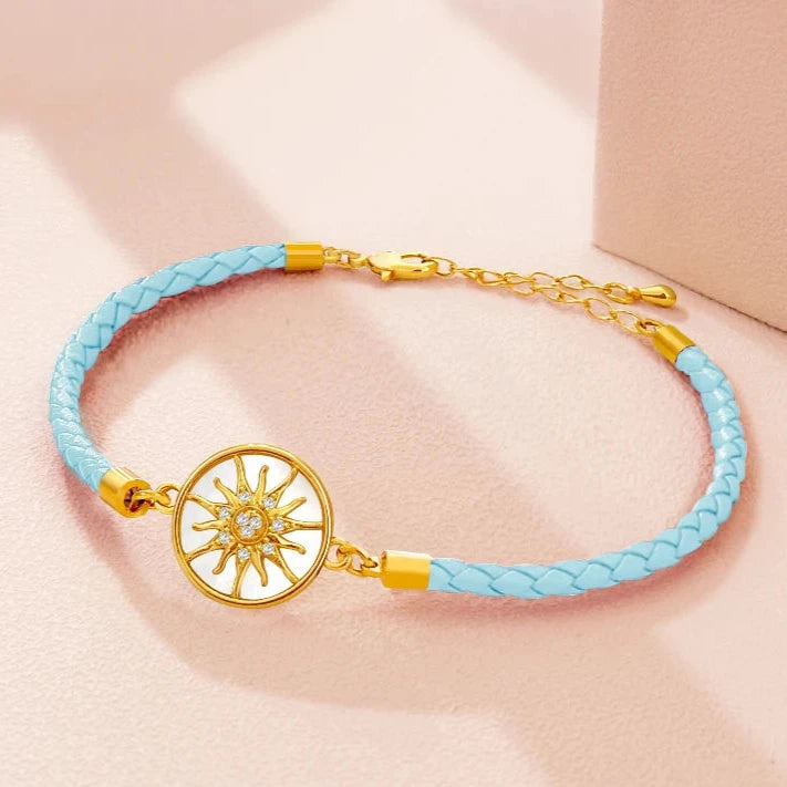 Pulsera Brújula de Cuero Rosa de los Vientos azul cielo oro