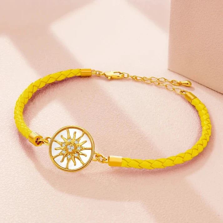 Pulsera Brújula de Cuero Rosa de los Vientos amarillo oro