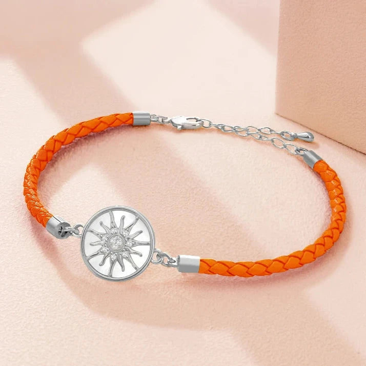 Pulsera Brújula de Cuero Rosa de los Vientos naranja plata