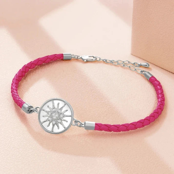 Pulsera Brújula de Cuero Rosa de los Vientos fucsia plata