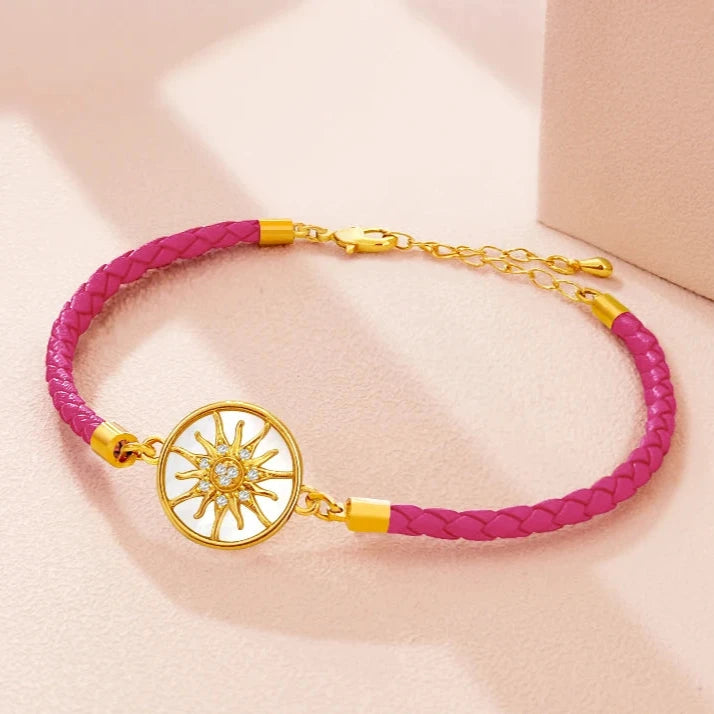 Pulsera Brújula de Cuero Rosa de los Vientos fucsia oro