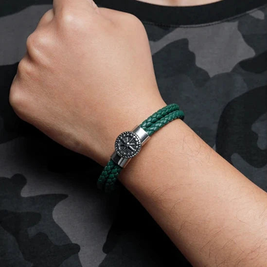 Pulsera Brújula Hombre Cuero Brújula Rosa de los Vientos verde