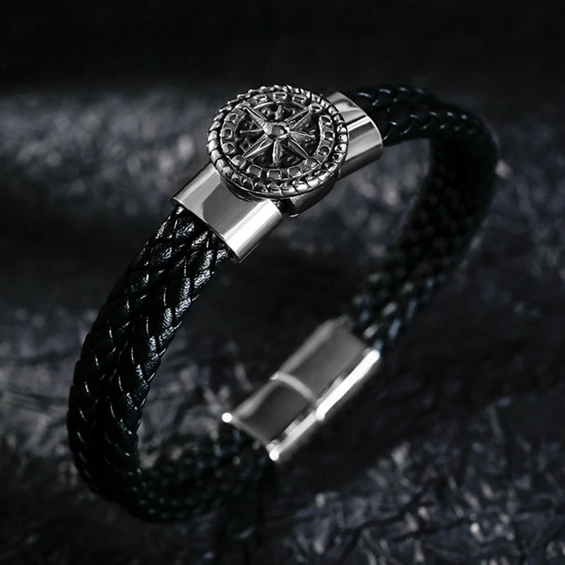 Pulsera Brújula Hombre Cuero Brújula Rosa de los Vientos negro
