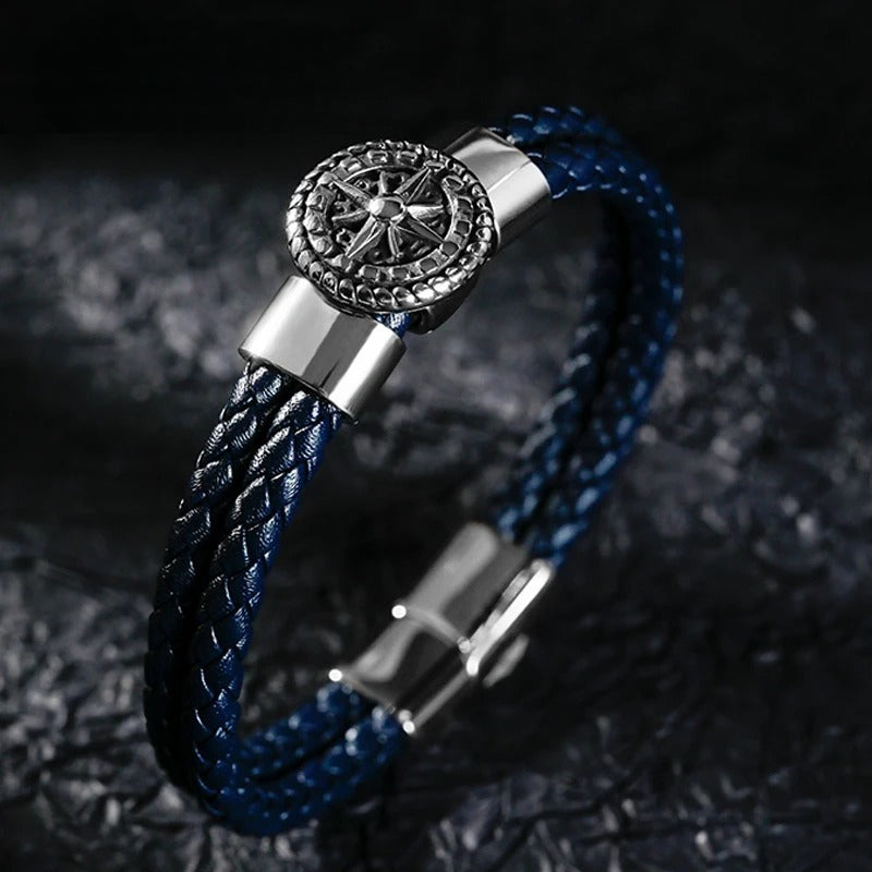 Pulsera Brújula Hombre Cuero Brújula Rosa de los Vientos azul