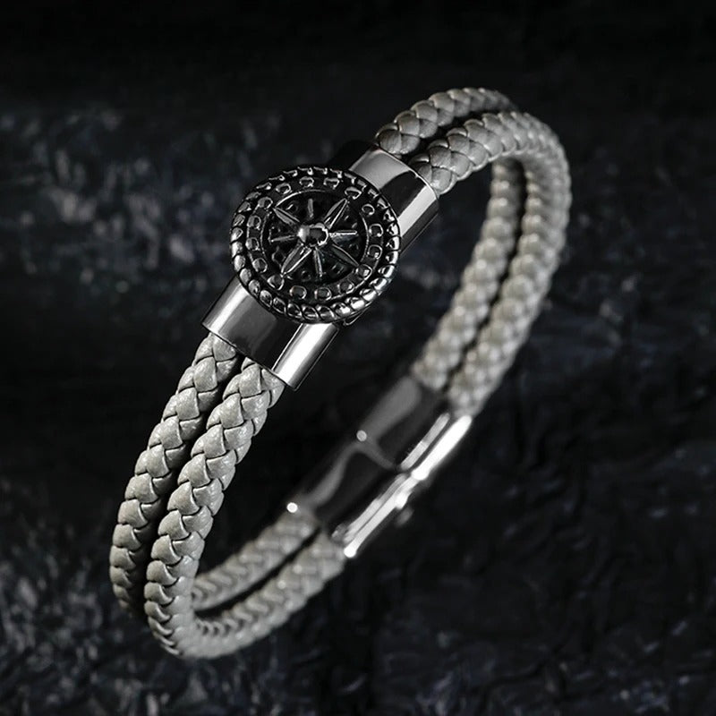 Pulsera Brújula Hombre Cuero Brújula Rosa de los Vientos gris