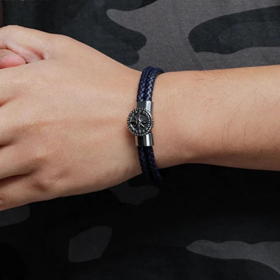 Pulsera Brújula Hombre Cuero Brújula Rosa de los Vientos negro
