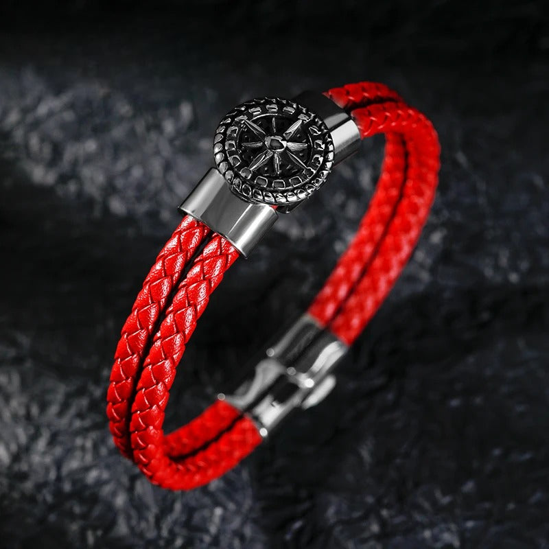 Pulsera Brújula Hombre Cuero Brújula Rosa de los Vientos rojo