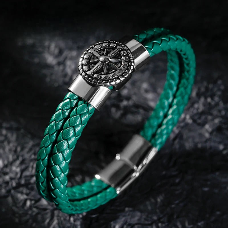 Pulsera Brújula Hombre Cuero Brújula Rosa de los Vientos verde