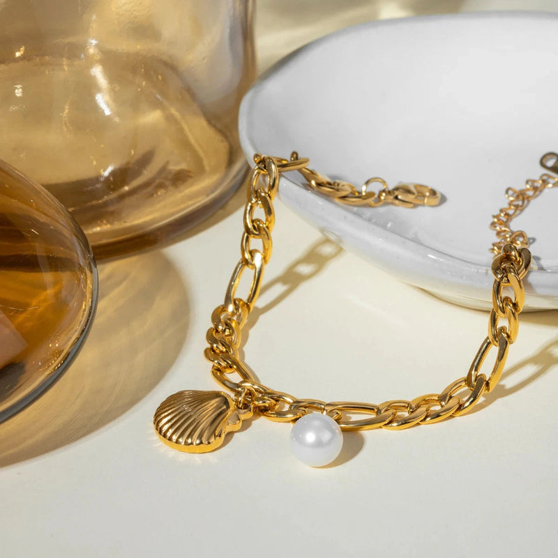 Pulsera con Concha de Vieira y Perla de Mar para Mujer