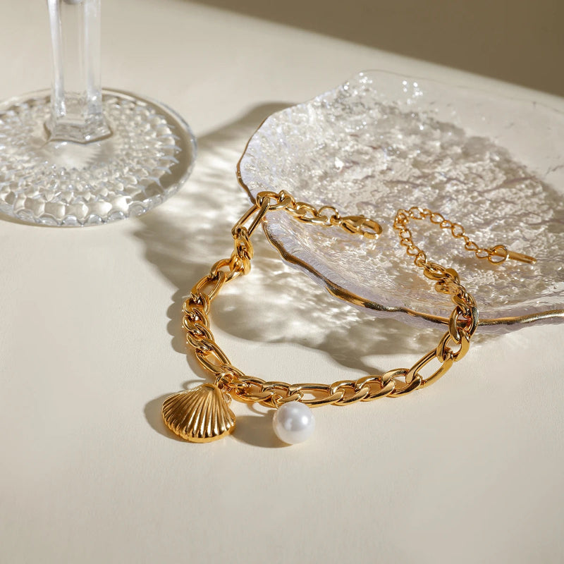 Pulsera con Concha de Vieira y Perla de Mar para Mujer