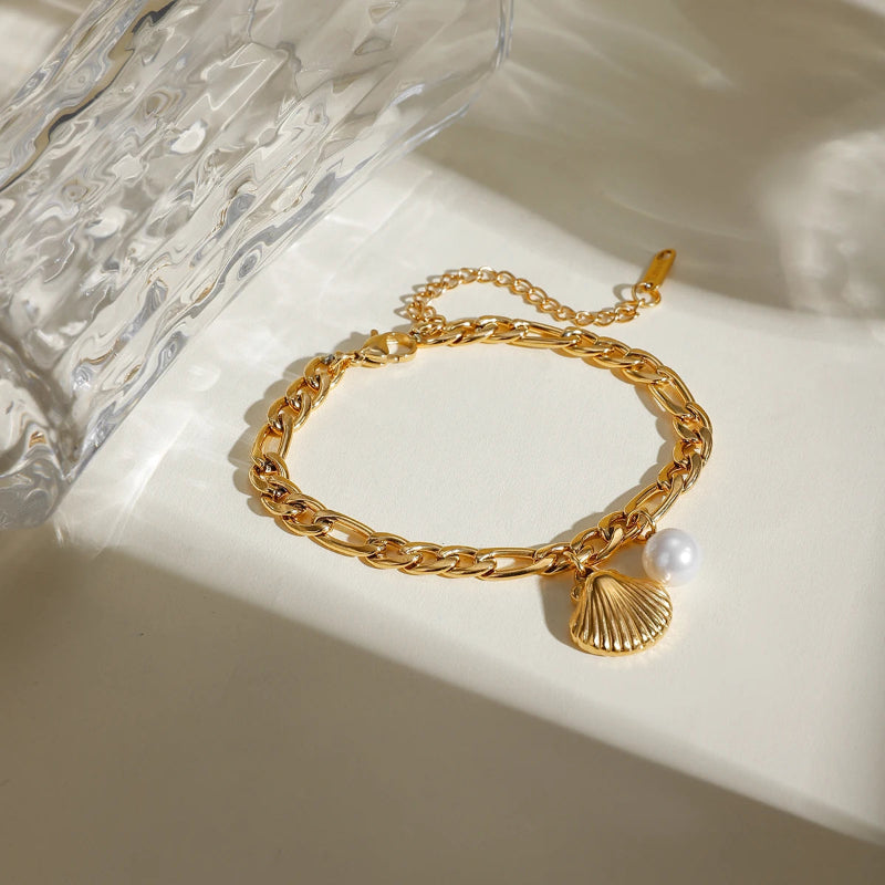 Pulsera con Concha de Vieira y Perla de Mar para Mujer