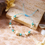 Pulsera de cordón con concha y estrella de mar azul tortuga