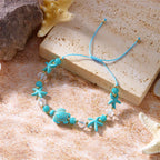 Pulsera de cordón con concha y estrella de mar azul tortuga