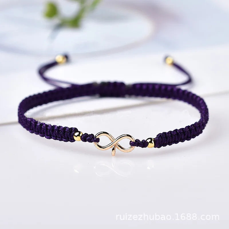 Brățară cu șnur împletit și simbol infinit aducător de noroc violet