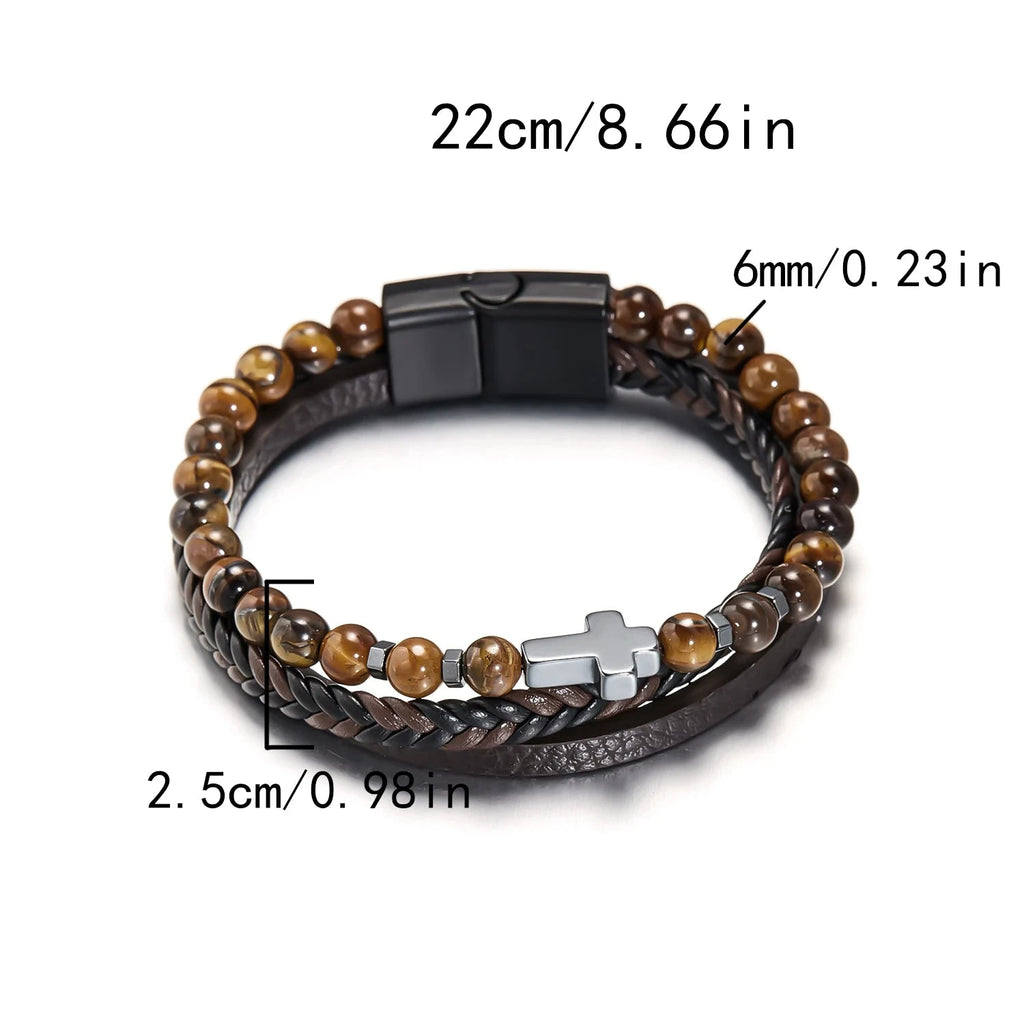 Pulsera Cruz Rosario Piedras Naturales Y Cuero 