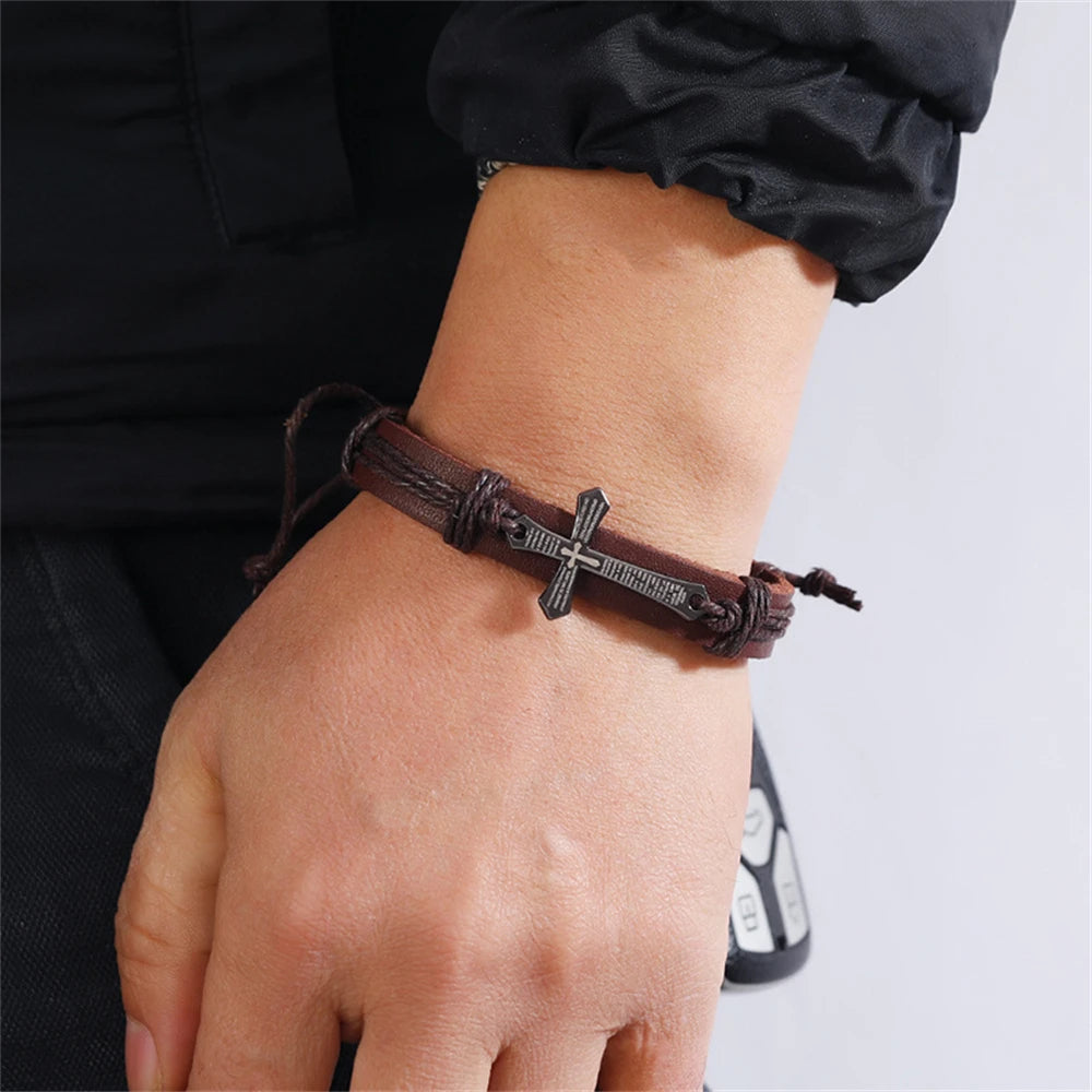 Pulsera Cruz de Cuero Hombre marrón