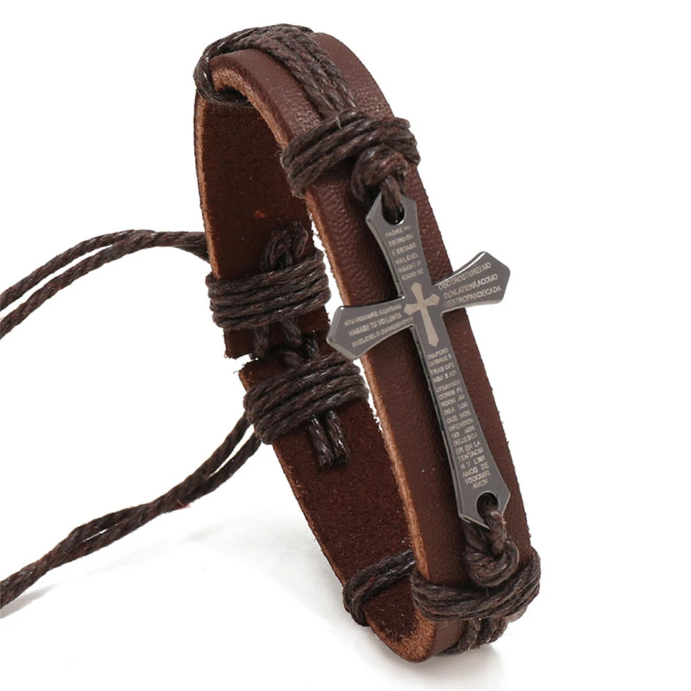 Pulsera Cruz de Cuero Hombre marrón