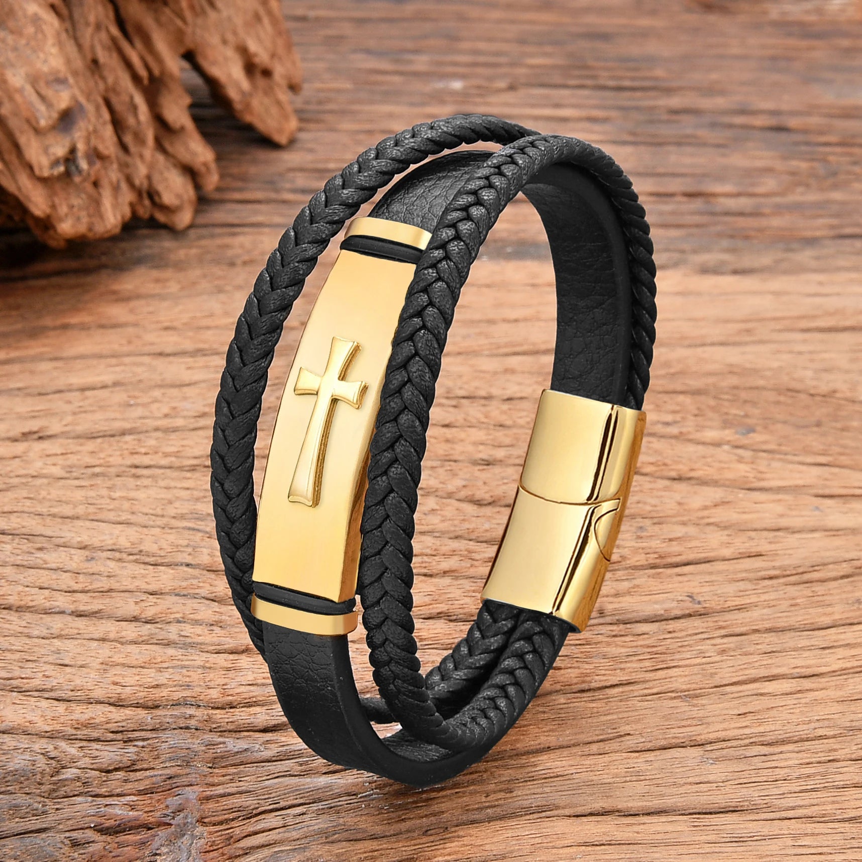 Pulsera Cruz De Cuero negro estilo b oro