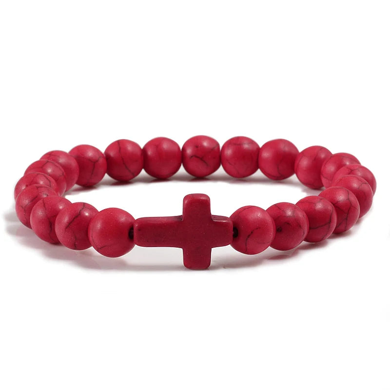 Pulsera Cruz en Piedras Naturales rojo