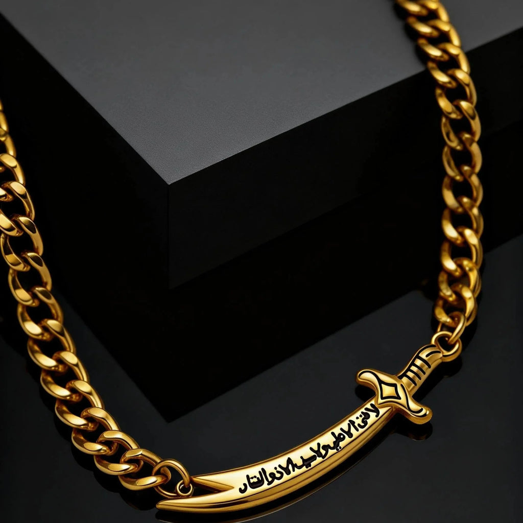 Pulsera cubana para hombre con espada Ali Zulfiqar árabe oro
