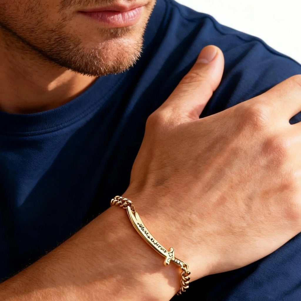 Pulsera cubana para hombre con espada Ali Zulfiqar árabe plata