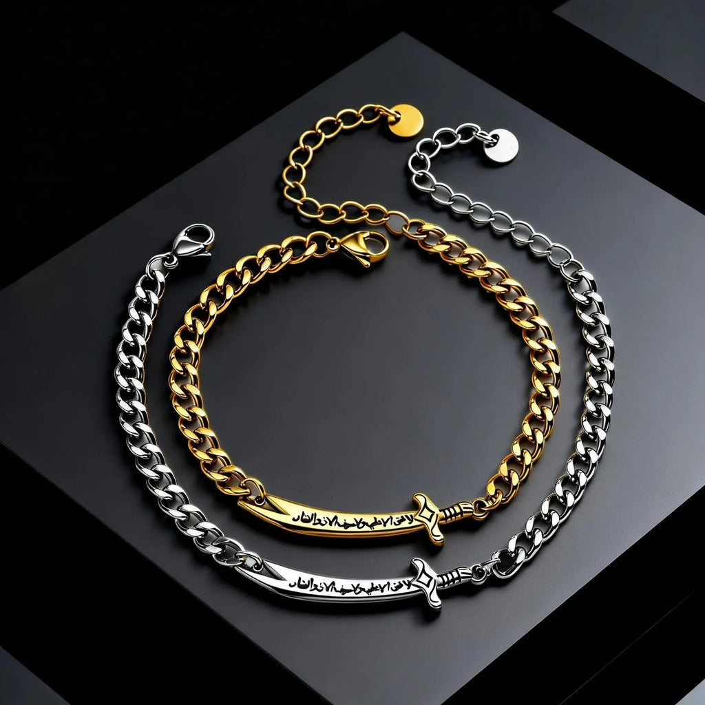 Pulsera cubana para hombre con espada Ali Zulfiqar árabe plata