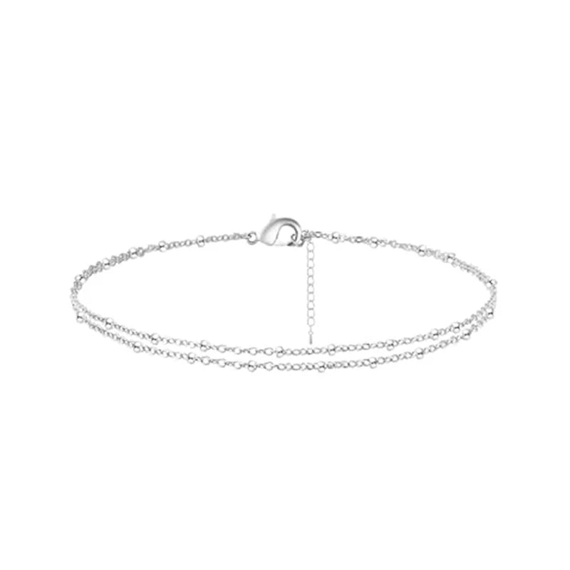 Pulsera de Tobillo Fina Doble Fila plata