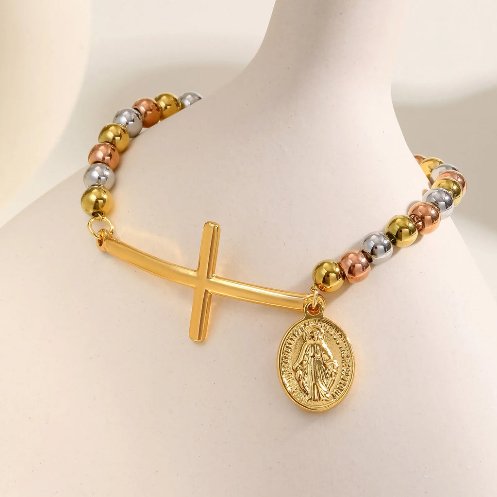Pulsera de Fe con cruz y medalla multicolor de la Virgen María