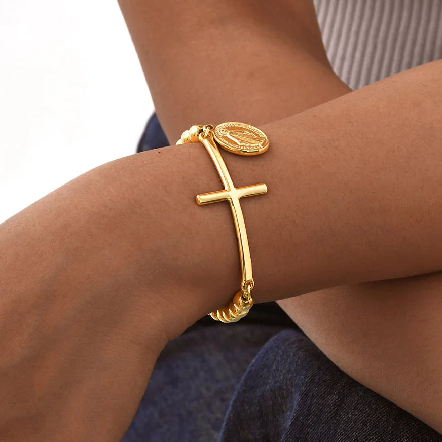 Pulsera de Fe con cruz y medalla de la Virgen María en oro