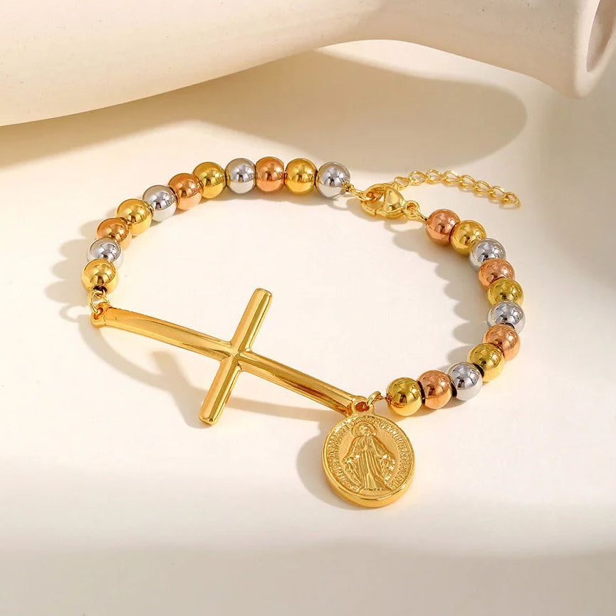 Pulsera de Fe con cruz y medalla multicolor de la Virgen María
