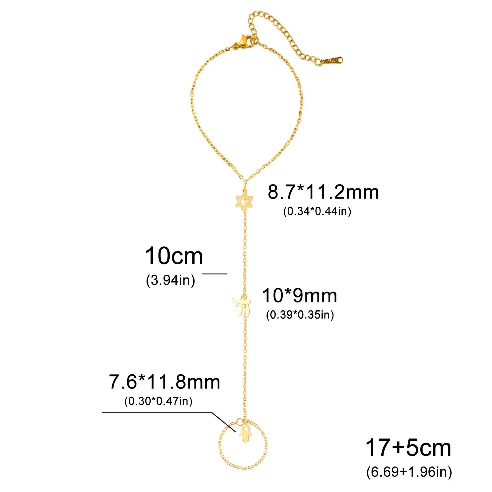 Pulsera de mano y dedo con colgantes de protección judíos Chai, <span data-glossary-id="etoile-de-david">estrella de David</span> y mano de Fátima <span data-glossary-id="etoile">estrella</span> oro