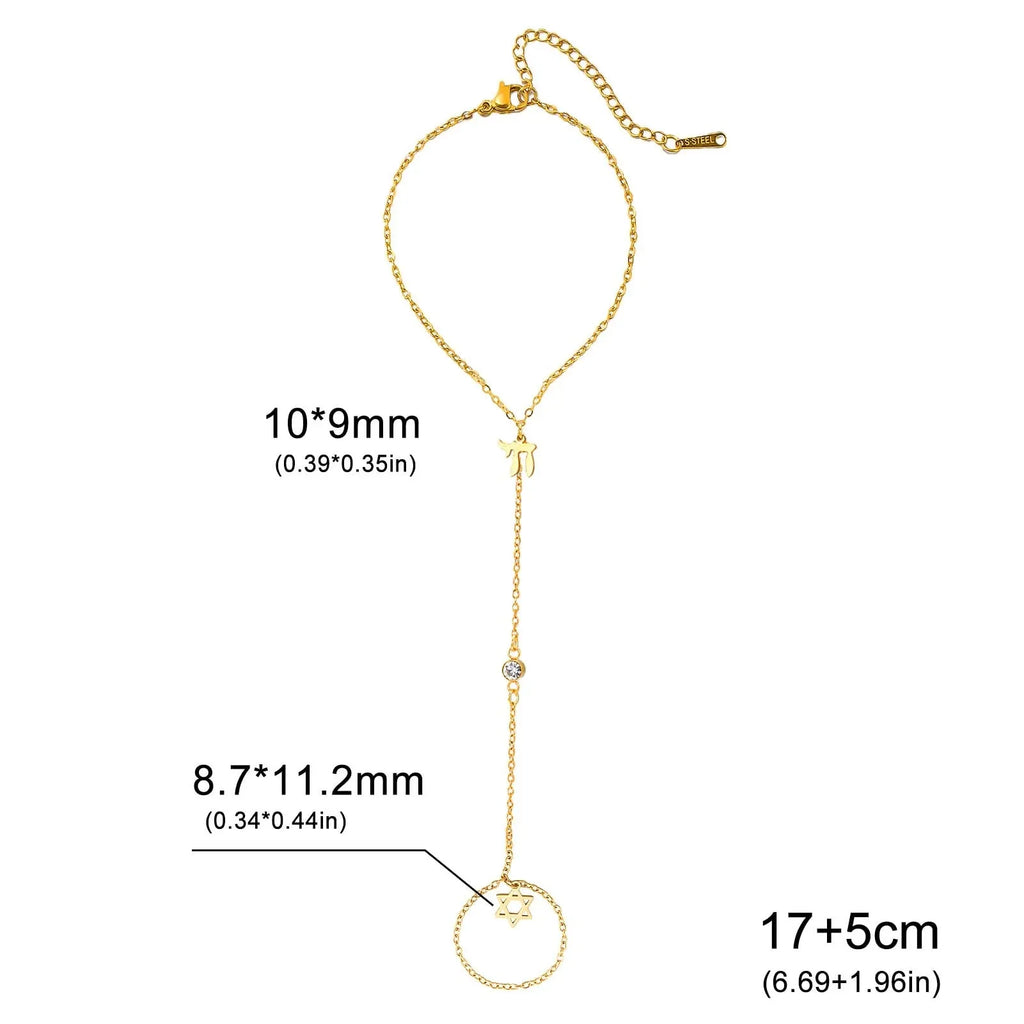 Pulsera de mano y dedo con colgantes de protección judíos Chai, <span data-glossary-id="etoile-de-david">estrella de David</span> y mano de Fátima Chai oro