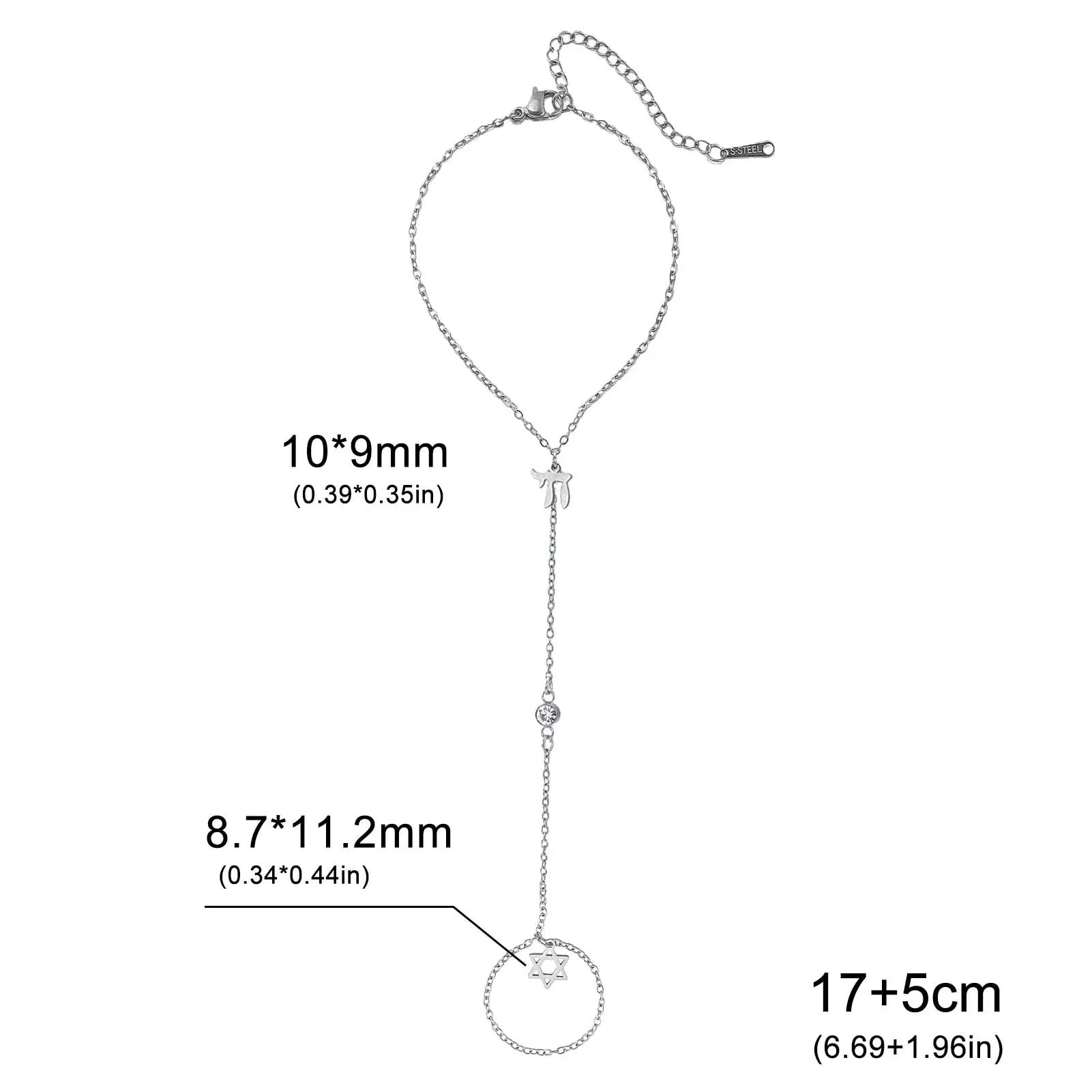 Pulsera de mano y dedo con colgantes de protección judíos Chai, <span data-glossary-id="etoile-de-david">estrella de David</span> y mano de Fátima Chai plata