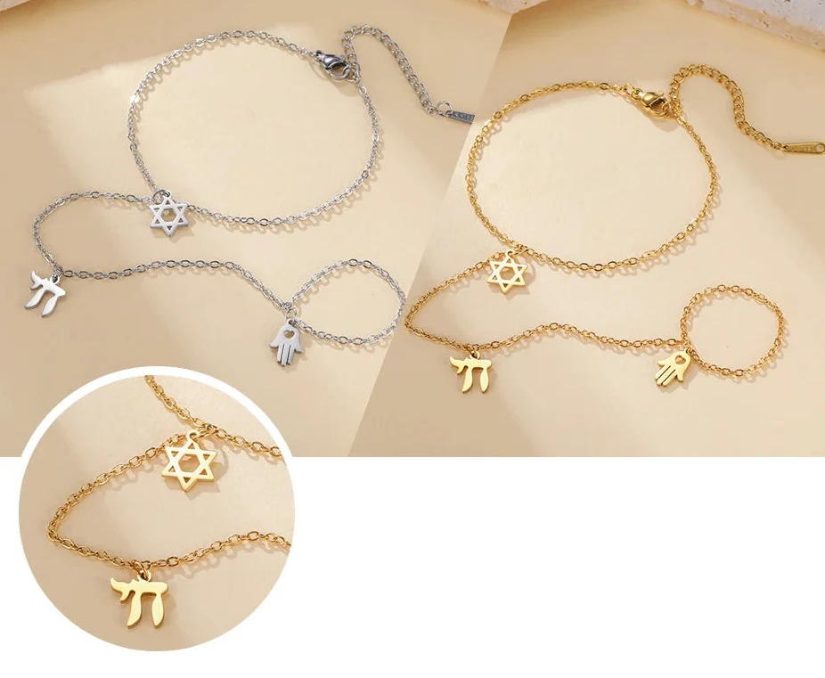Pulsera de mano y dedo con colgantes de protección judíos Chai, <span data-glossary-id="etoile-de-david">estrella de David</span> y mano de Fátima <span data-glossary-id="etoile">estrella</span> oro y plata