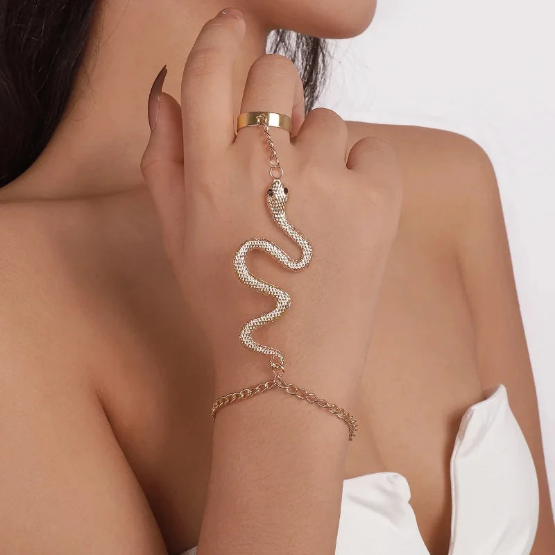 Pulsera de Mano Serpiente Joya Mujer Cadena Mano y Dedo oro