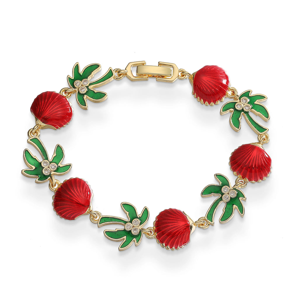 Pulsera de palmeras en esmalte verde y conchas rojas
